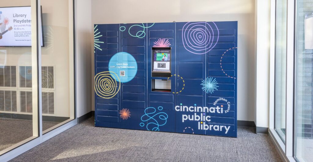 The remoteLocker™ at Cincinnati Public Library, customized with branded graphics to enhance the library’s visual identity and community presence.