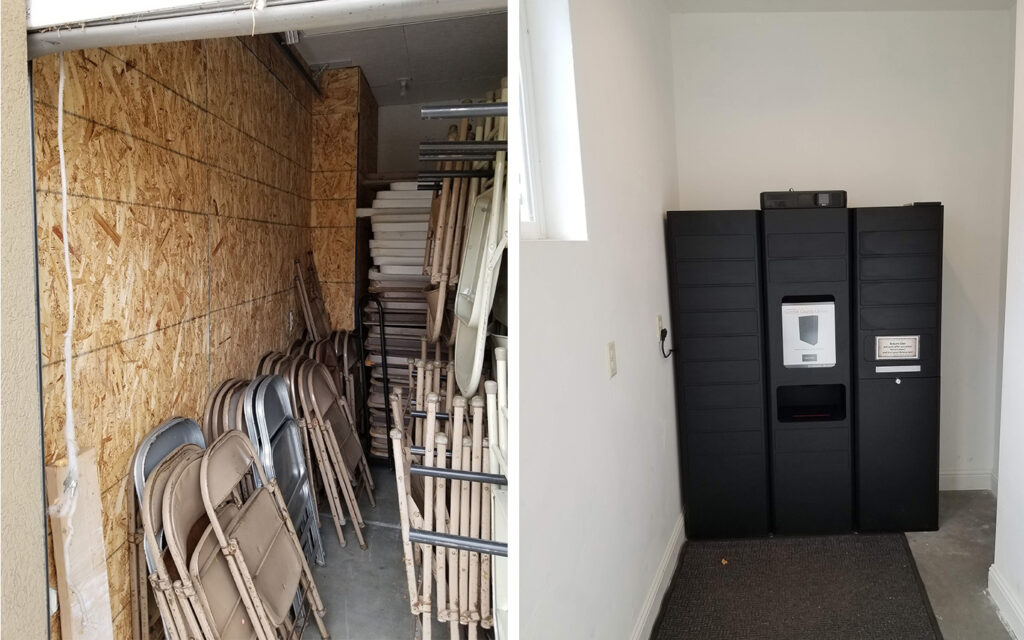 Interior of Henefer remoteLocker location at Summit County Library, showing a before image with stacked chairs in storage and an after image with a Bibliotheca remoteLocker installed against a white wall.