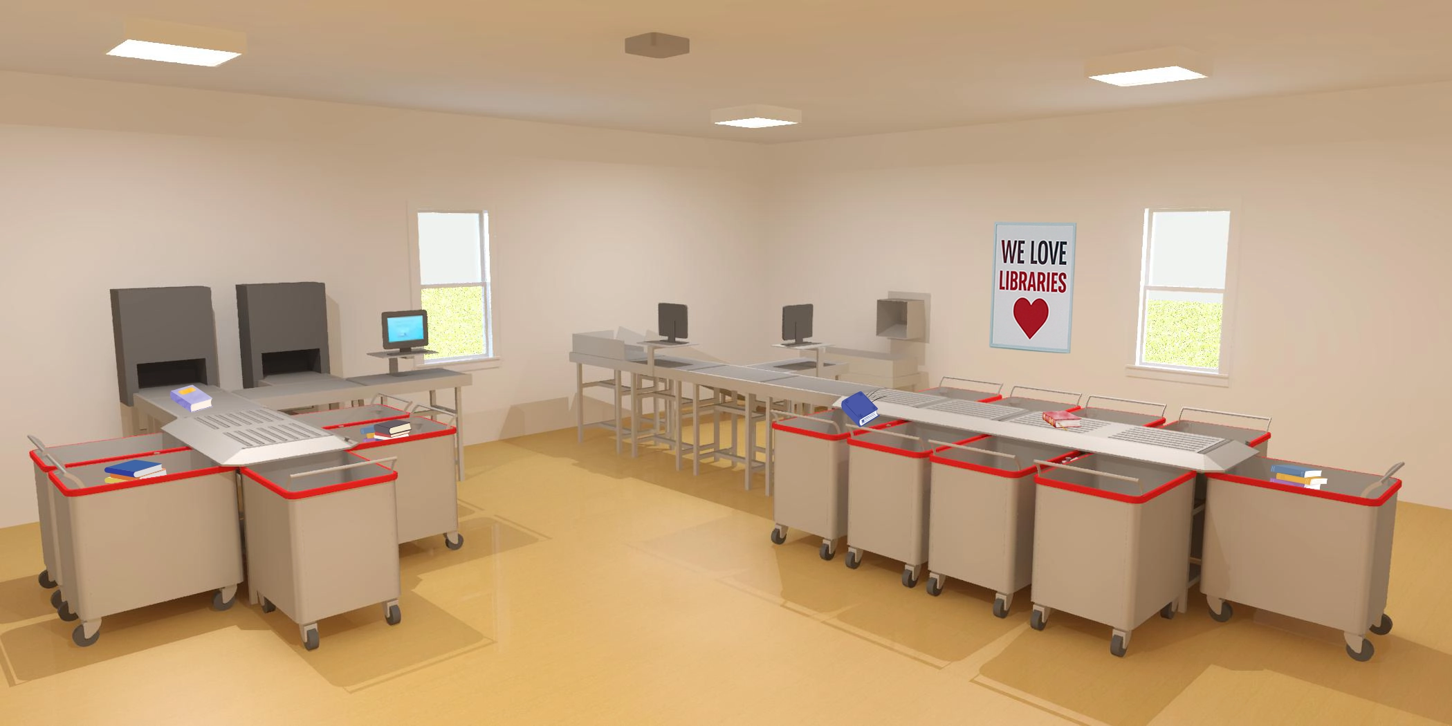 3D illustration of a Bibliotheca flexAMH backroom setup with conveyors, bins, and workstations for automated library returns and sorting.